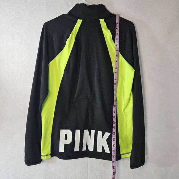 VICTORIA SECRET PINK Ultimate Sz L Neon Green & Black Athletic Half Zip Logo - Picture 2 of 6